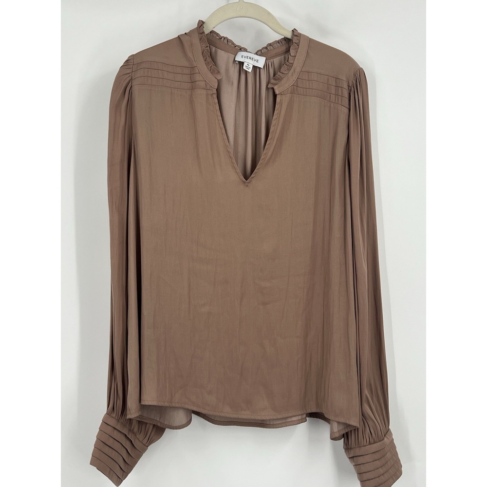 Evereve Women's Size XL Satin Top Long Puff Sleeve Ruffled Mandarin Collar
